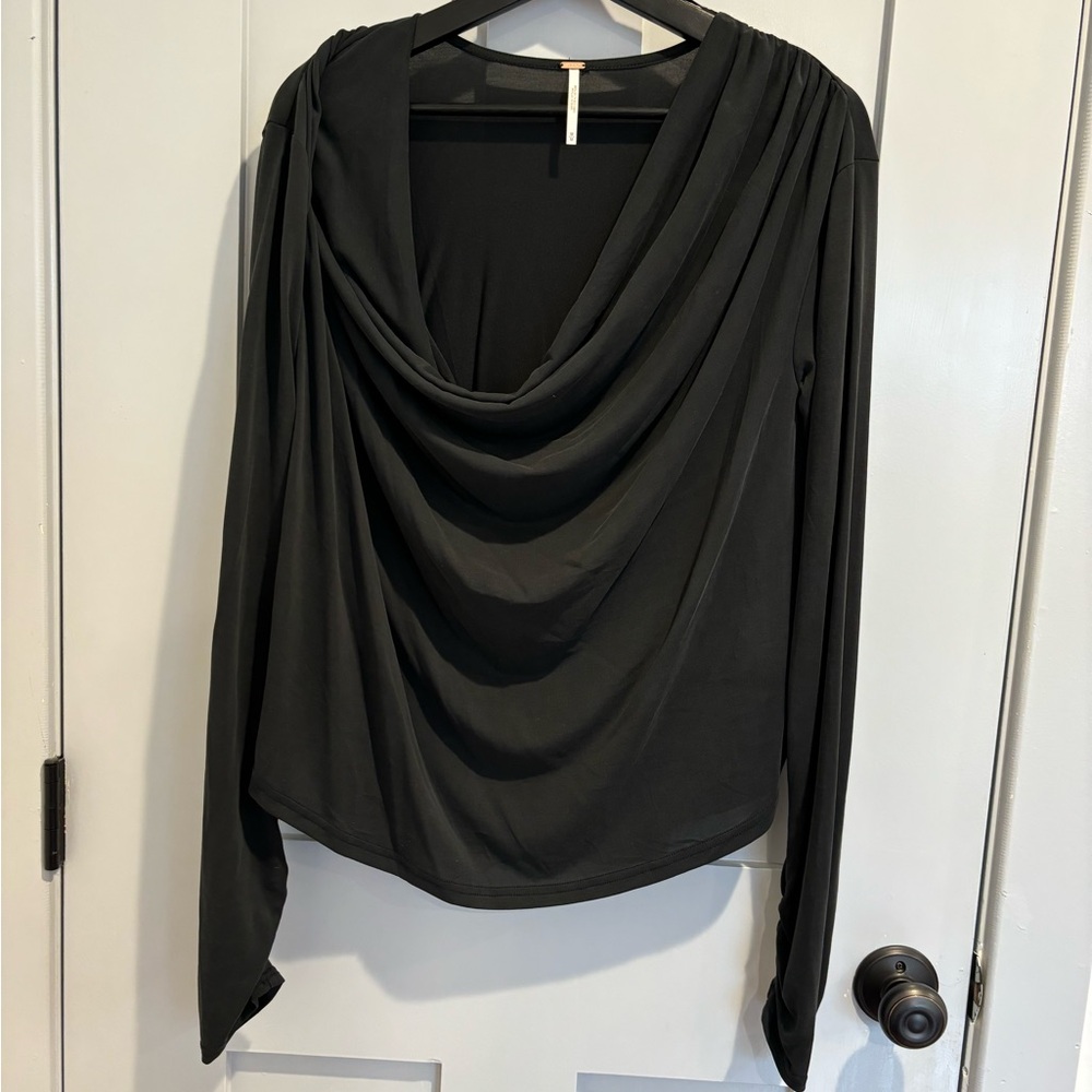 NWOT Free People Black Draped Cowl Long Sleeve Top